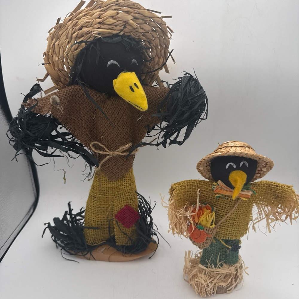 2 Autumn fall harvest scarecrow figures 12” and 8” shelf sitters